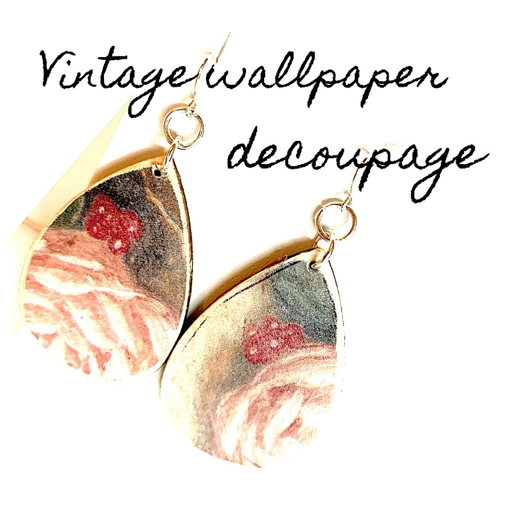 Cool boho chic repurposed vintage wallpaper on lightweight wood on s.p. ear wire